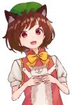 1girl :d animal animal_ears bow bowtie brown_hair cat cat_ears chen dress extra_ears gold_trim hat highres holding holding_animal holding_cat kanpa_(campagne_9) light_blush looking_at_viewer mob_cap open_mouth red_dress red_eyes short_hair simple_background smile solo touhou white_background yellow_bow yellow_neckwear 