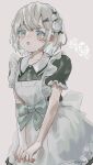  1girl :o apron black_dress blue_bow blush bow collared_dress commentary_request dress flower frilled_apron frills grey_background grey_eyes grey_hair hair_flower hair_ornament hairclip highres maid maid_apron open_mouth original puffy_short_sleeves puffy_sleeves rose sha2mo short_sleeves solo white_apron white_flower white_rose 