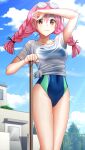  1girl arm_up bangs black_ribbon blue_sky blue_swimsuit braid breasts broom closed_mouth clouds collarbone competition_school_swimsuit covered_navel day doukyuusei_2 doukyuusei_another_world eyebrows_visible_through_hair eyewear_on_head game_cg hair_between_eyes hair_ribbon hand_on_hilt highleg highleg_swimsuit katou_minori long_hair medium_breasts official_art one-piece_swimsuit outdoors pink_hair red_eyes ribbon school_swimsuit shirt short_sleeves sky smile solo standing swimsuit t-shirt tied_shirt twin_braids wet wet_clothes wet_shirt white_shirt 