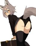  1girl absurdres animal_ears ass bangs black_jacket black_panties blazer blush briefcase fenrir_(ghost_(tama)) from_behind ghost_(tama) grey_skirt hair_between_eyes highres holding holding_briefcase jacket looking_at_viewer original panties school_uniform short_hair skirt solo sweat tail thigh-highs underwear white_background wolf_ears wolf_girl wolf_tail 