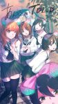  5girls ;) absurdres ahoge akiyama_yukari animal_ears bangs black_eyes black_hair black_legwear black_neckwear blouse blunt_bangs blurry blurry_background brown_eyes brown_hair closed_mouth commentary depth_of_field dutch_angle ebinuma_11 english_text eyebrows_visible_through_hair fake_animal_ears girls_und_panzer green_skirt hairband heart highres isuzu_hana leaning_forward long_hair long_sleeves looking_at_viewer messy_hair miniskirt mouse_ears multiple_girls neckerchief nishizumi_miho one_eye_closed ooarai_school_uniform open_mouth orange_eyes orange_hair outdoors pleated_skirt reizei_mako sailor_collar school_uniform selfie serafuku short_hair sitting skirt smile standing swept_bangs takebe_saori thigh-highs translated w waving white_blouse white_hairband white_sailor_collar 