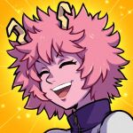  1girl akairiot ashido_mina boku_no_hero_academia closed_eyes colored_skin commission eyebrows_visible_through_hair gradient gradient_background horns open_mouth orange_background pink_hair pink_skin short_hair smile solo yellow_background zipper_pull_tab 