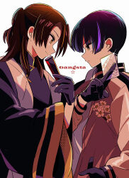  2boys axis_powers_hetalia between_fingers black_hair brown_hair brown_jacket card changpao china_(hetalia) chinese_clothes closed_mouth cowboy_shot english_text floral_print gloves gold_trim hair_bun hand_fan hand_up holding holding_card holding_fan jacket japan_(hetalia) long_hair long_sleeves male_focus mandarin_collar multicolored_hair multiple_boys open_clothes open_jacket playing_card puffy_long_sleeves puffy_sleeves purple_gloves purple_hair purple_shirt sanamaru_(sana79261827) shirt short_hair sidelocks simple_background smile standing star_(symbol) streaked_hair sukajan t-shirt white_background white_shirt wide_sleeves yellow_eyes 