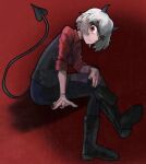  beer_bottle black_nails black_vest boots collared_shirt ddolbang demon_girl demon_horns demon_tail heart heart_tail helltaker highres horns knee_boots malina_(helltaker) red_background red_eyes red_shirt shirt tail vest white_hair 