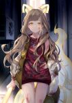  1girl absurdres air_conditioner alley animal_ears bangs blonde_hair blood blood_splatter blunt_bangs closed_mouth cuts energy_weapon expressionless eyebrows_visible_through_hair hair_ribbon highres holding holding_weapon injury little_red_riding_hood_(sinoalice) looking_at_viewer nomi_(kurocxx110) orange_eyes outdoors reality_arc_(sinoalice) ribbon sinoalice solo tail torn_clothes weapon 
