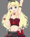  1girl :3 :d arm_strap arm_up armpits bare_arms bare_shoulders belt black_choker black_skirt blonde_hair blue_eyes bow braid breasts choker crop_top earrings frilled_shirt frills giisu gold_trim grey_background hair_ribbon hand_up highleg jewelry long_hair looking_at_viewer midriff miniskirt mononobe_alice navel nijisanji open_mouth pleated_skirt red_bow red_shirt ribbon shirt simple_background skirt sleeveless sleeveless_shirt small_breasts smile solo spaghetti_strap stomach studded_belt upper_body virtual_youtuber wristband 