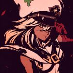  1girl bandaged_arm bandages bare_shoulders cape clover dark_skin dark-skinned_female four-leaf_clover guilty_gear hair_between_eyes hat holding holding_clothes holding_hat long_hair moshimoshibe orange_eyes peaked_cap platinum_blonde_hair ramlethal_valentine tan 