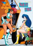  1980s_(style) 2girls blue_eyes blue_hair boots copyright_name dark_skin dark-skinned_female dirty_pair earrings gloves headband high_heels holding holding_wrench holster jewelry kei_(dirty_pair) knee_boots long_hair looking_at_viewer multiple_girls navel official_art open_mouth red_eyes redhead retro_artstyle short_hair single_glove sitting smile standing wrench yuri_(dirty_pair) 