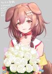  1girl animal_collar animal_ears bone_hair_ornament bouquet bow braid brown_eyes brown_hair collar dog_ears dog_girl flower hair_ornament hair_tie highres hololive inugami_korone jacket lips rose sabaku_chitai smile solo translation_request twin_braids upper_body virtual_youtuber white_flower white_rose yellow_jacket 