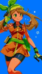  1girl bandana bike_shorts black_shorts blue_background blue_eyes brown_hair closed_mouth commentary dress fanny_pack gloves green_bandana headphones highres looking_to_the_side may_(pokemon) orange_dress pokemon pokemon_emerald pokemon_rse shorts sleeveless sleeveless_dress smile solo star_(symbol) symbol-only_commentary twitter_username zs_(zero_sickkkzs) 