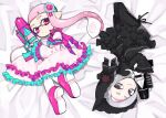  2girls bed_sheet black_dress black_headwear bonnet closed_mouth domino_mask dress frills gothic_lolita gun hair_ornament holding holding_gun holding_weapon inkling lolita_fashion long_hair long_sleeves lying mask multiple_girls octoling on_side pi_p_y pink_eyes pink_hair pointy_ears silver_hair smile splatoon_(series) splatoon_2 tentacle_hair weapon 