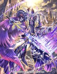  armor cardfight!!_vanguard character_request church feathered_wings feathers fire holding holding_sword holding_weapon izuka_daisuke midair official_art outdoors purple_feathers purple_fire purple_wings solo sword weapon wings 