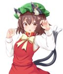  1girl animal_ear_fluff animal_ears blush bow bowtie breasts brown_eyes brown_hair cat_ears cat_tail chen claw_pose commentary_request d: dress fang gold_trim hands_up hat jewelry looking_at_viewer medium_breasts mob_cap multiple_tails nekomata open_mouth red_dress rururiaru short_hair simple_background single_earring skin_fang solo tail touhou two_tails upper_body white_background white_bow white_neckwear 