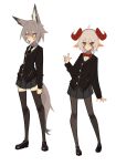  2girls absurdres animal_ears black_footwear clenched_hand fenrir_(ghost_(tama)) flat_chest ghost_(tama) goat_ears goat_girl goat_horns goat_tail grey_hair grey_skirt hair_between_eyes hanah_(populamalus) highres horns looking_at_viewer multiple_girls open_hands original pantyhose red_eyes school_uniform short_hair skirt smile standing tail thigh-highs white_background wolf_ears wolf_girl wolf_tail 