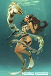  1girl belt blue_eyes breasts brown_hair camouflage confrontation covered_nipples dark_skin dark-skinned_female eel english_commentary fingernails flippers full_body goggles gumroad_username harpoon_gun highleg highleg_swimsuit highres holster holstered_weapon knife lips long_hair moray_eel ocean one-piece_swimsuit original patreon_username petite pinup_(style) reward_available small_breasts snorkel surprised swimsuit thigh_holster underwater upper_teeth watch watch water xavier_houssin 