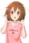 1girl atu blush brown_eyes brown_hair casual commentary_request eyebrows_visible_through_hair hair_between_eyes hair_ornament hairclip hand_in_hair heart highres hirasawa_yui k-on! looking_at_viewer messy_hair open_mouth pink_shirt playing_with_own_hair shirt short_hair short_sleeves signature simple_background solo standing star_(symbol) sweat white_background 