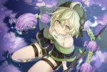  1boy ahoge black_gloves blush bow clouds eyebrows_visible_through_hair gloves green_eyes green_hair hat hat_bow highres holding holding_weapon in_water legband male_focus night night_sky nomi_(kurocxx110) open_mouth parted_lips pinocchio_(sinoalice) sad short_hair sinoalice sitting sky solo staff star_(sky) thigh-highs wariza water weapon 