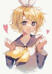  1girl blonde_hair blue_eyes bow clenched_hands cropped_torso deep_(deep4946) detached_sleeves hair_bow hair_ornament hairclip hands_up heart heart-shaped_pupils highres kagamine_rin mouth_drool neckerchief ribbon sailor_collar short_hair solo symbol-shaped_pupils upper_body vocaloid yellow_neckwear 