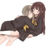  2girls black_serafuku blush brown_hair hand_on_another&#039;s_back hug inuko_(ink0425) jitome long_hair lying lying_on_person multiple_girls on_back original school_uniform serafuku short_hair sweatdrop white_background yuri 