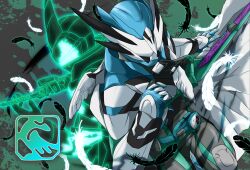 2boys back-to-back bat_vistamp black_feathers bodysuit cloak commentary compound_eyes feathers highres holding holding_sword holding_weapon kamen_rider kamen_rider_evil kamen_rider_eviltylive kamen_rider_revice male_focus miyabi_(037) multicolored_armor multicolored_bodysuit multiple_boys perfect_wing_vistamp rider_belt sword two_sidriver upper_body vistamp weapon white_cloak white_eyes white_feathers wings