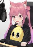  1girl absurdres animal_ear_fluff animal_ears bangs black_shirt blush cat_ears character_request copyright_request double_bun eyebrows_visible_through_hair fang hair_behind_ear highres hwanhee long_sleeves looking_at_viewer microphone object_hug open_mouth pink_eyes pink_hair pop_filter shirt skin_fang smile solo stuffed_toy twintails 