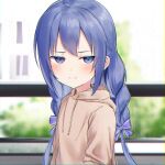  1girl absurdres ahoge bangs blue_bow blue_eyes blue_hair blurry blurry_background blush bow braid brown_hoodie closed_mouth depth_of_field drawstring eyebrows_visible_through_hair hair_bow half-closed_eyes highres hood hood_down hoodie indoors long_hair looking_at_viewer low_twintails nijisanji solo striped striped_bow twin_braids twintails upper_body very_long_hair virtual_youtuber window yotsugi yuuki_chihiro 