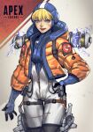  1girl absurdres apex_legends bangs blue_bodysuit blue_eyes blue_headwear bodysuit breasts copyright_name electricity hand_on_hip highres hood jacket looking_at_viewer orange_jacket parted_lips ribbed_bodysuit scar scar_on_cheek scar_on_face small_breasts smile solo thigh_strap thinker_0616 wattson_(apex_legends) white_bodysuit 
