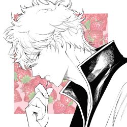 1boy absurdres adam's_apple candy collared_shirt food fruit gintama highres holding holding_candy holding_food holding_lollipop lollipop lollipop_in_mouth looking_to_the_side male_focus open_collar popped_collar profile ryousuke_(tukr5384) sakata_gintoki shirt short_hair sideways_glance solo strawberry upper_body wavy_hair 