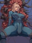  1girl abs bangs blonde_hair blue_bodysuit blue_eyes bodysuit brain breasts cable clenched_teeth covered_navel hair_between_eyes high_ponytail impossible_bodysuit impossible_clothes large_breasts lips looking_away looking_down mechanical_parts metroid muscular muscular_female ponytail restrained samus_aran shiny shiny_clothes short_hair sidelocks skin_tight spread_legs stationary_restraints teeth turtleneck xxoom zero_suit 