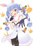  1girl ;d animal_ear_fluff animal_ears bangs beckoning black_gloves black_legwear black_leotard blue_hair braid breasts bunny-shaped_pupils carrot_hair_ornament clothing_cutout coat cowboy_shot detached_sleeves don-chan_(usada_pekora) finger_to_cheek food_themed_hair_ornament fur-trimmed_coat fur-trimmed_gloves fur_scarf fur_trim gloves hair_ornament head_tilt hikimayu hololive leg_garter leotard leotard_under_clothes long_hair multicolored_hair ocha_uma one_eye_closed open_mouth orange_eyes outstretched_arm outstretched_hand pantyhose playboy_bunny puffy_short_sleeves puffy_sleeves rabbit_ears reaching_out scarf short_eyebrows short_sleeves small_breasts smile solo strapless strapless_coat strapless_leotard swept_bangs thick_eyebrows twin_braids twintails two-tone_hair underboob_cutout upper_teeth usada_pekora virtual_youtuber white_coat white_hair white_scarf white_sleeves 