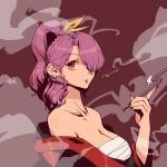  1girl bare_shoulders black_nails breasts collarbone ear_piercing earrings expressionless hand_up highres holding holding_pipe japanese_clothes jewelry kimono kiseru komakusa_sannyo large_breasts long_hair looking_at_viewer nail_polish off_shoulder piercing pipe ponytail purple_hair red_background red_kimono sarashi simple_background smoke solo stank touhou upper_body violet_eyes 