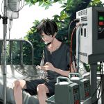  1boy 6_mrm_9 black_hair black_shirt black_shorts blue_eyes commentary_request feet_out_of_frame intravenous_drip original parted_lips shirt short_hair short_sleeves shorts sitting smile solo 