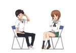  1boy 1girl 9s0ykoyama117 :d absurdres bangs belt black_belt black_legwear black_neckwear black_pants blouse brown_eyes brown_footwear brown_hair chair crossover dress_shirt eyebrows_visible_through_hair folding_chair girls_und_panzer green_skirt hand_in_hair highres ikari_shinji loafers long_sleeves miniskirt neckerchief neon_genesis_evangelion nishizumi_miho one_eye_closed ooarai_school_uniform open_mouth pants pleated_skirt sailor_collar school_uniform serafuku shirt shoes short_hair short_sleeves simple_background sitting skirt smile sneakers socks very_short_hair white_background white_blouse white_footwear white_sailor_collar white_shirt wing_collar 