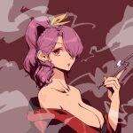  1girl bare_shoulders black_nails breasts collarbone ear_piercing earrings expressionless hand_up highres holding holding_pipe japanese_clothes jewelry kimono kiseru komakusa_sannyo large_breasts long_hair looking_at_viewer nail_polish off_shoulder piercing pipe ponytail purple_hair red_background red_kimono simple_background smoke solo stank touhou upper_body violet_eyes 