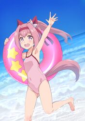  1girl animal_ears arm_up armpits barefoot beach bow casual_one-piece_swimsuit covered_navel hair_bow hair_intakes haru_urara_(umamusume) headband highres horse_ears horse_girl innertube long_hair ocean one-piece_swimsuit open_mouth outdoors pink_eyes pink_hair pink_swimsuit ponytail ribbon running saeki_tatsuya sky smile solo swimsuit umamusume waving 