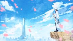  1boy absurdres artist_name black_pants building cityscape cliff clouds commentary commission commissioner_name cup dated day english_commentary gintama highres holding holding_cup japanese_clothes katana kimono outdoors pants rnna sakata_gintoki short_hair skyscraper solo sword thank_you twitch_username twitter_username weapon white_hair white_kimono 