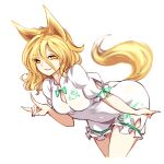  1girl animal_ears bent_over blonde_hair breasts cropped_legs eyebrows_visible_through_hair finger_touching fox_ears fox_tail kudamaki_tsukasa looking_at_viewer medium_hair onesie raptor7 short_sleeves simple_background small_breasts smile solo tail touhou white_background white_jumpsuit yellow_eyes 