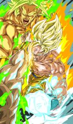  2boys abs aura blonde_hair broly_(dragon_ball_z) clenched_hand dragon_ball dragon_ball_z green_eyes green_hair highres legendary_super_saiyan male_focus medium_hair multiple_boys muscular muscular_male orange_pants pants pocagraffiti punching solo_focus son_goku spiky_hair super_saiyan super_saiyan_1 topless_male 