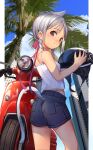  1girl animal_ears ass blue_shorts blue_sky breasts building camisole cat_ears cat_girl cat_tail closed_mouth day denim denim_shorts enamisachi ground_vehicle helmet highres holding holding_helmet light_smile looking_at_viewer looking_back motor_vehicle motorcycle_helmet original outdoors palm_tree scooter short_shorts shorts silver_hair sky skyscraper small_breasts solo summer tail tree violet_eyes 