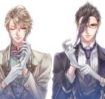  2boys adjusting_clothes adjusting_gloves aladdin_(sinoalice) black_hair blonde_hair blue_eyes bow bowtie butler closed_mouth collared_shirt formal glasses gloves hameln_(sinoalice) happy highres looking_at_viewer male_focus multicolored_hair multiple_boys necktie npyon3 one_eye_closed purple_hair red_eyes serious shirt short_hair sinoalice smile suit two-tone_hair white_background 