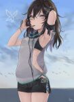  1girl armband armpits bangs black_bra black_shorts blue_sky bra breasts brown_hair bug butterfly butterfly_hair_ornament clouds condensation_trail copyright_request day digital_media_player eyebrows_visible_through_hair grey_shirt hair_between_eyes hair_ornament hair_tie_in_mouth hands_in_hair headphones hood insect klem looking_at_viewer mouth_hold ocean pink_eyes shirt short_shorts shorts signature sky small_breasts solo sports_bra standing tying_hair underwear 