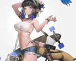  1girl arknights arm_up bangs bare_arms bare_shoulders black_hair blue_eyes breasts chinese_commentary commentary_request cowboy_shot crop_top cutoffs denim denim_shorts eunectes_(arknights) eunectes_(forgemaster)_(arknights) grey_background hand_up high_priest_(arknights) large_breasts liduke looking_at_viewer medium_breasts midriff navel official_alternate_costume pointy_ears short_hair shorts simple_background snake_tail solo standing stomach tail under_boob 