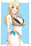  1girl :d ahoge arms_behind_back bikini blonde_hair blue_eyes blurry blurry_background blush breasts flower hachimiya_meguru hair_flower hair_ornament highres idolmaster idolmaster_shiny_colors jewelry large_breasts long_hair looking_at_viewer low_twintails myanyuki_h necklace open_mouth smile solo swimsuit thighs twintails two-tone_background white_background yellow_bikini 
