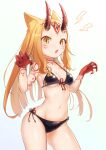  1girl absurdres animal_ears bare_shoulders bikini black_bikini blonde_hair breasts cat_ears claw_pose collarbone facial_mark fate/grand_order fate_(series) forehead forehead_mark hair_pulled_back highres horns ibaraki_douji_(fate) long_hair looking_at_viewer navel nupy22 oni oni_horns open_mouth small_breasts swimsuit tattoo thighs yellow_eyes 