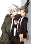  2boys :d ahoge alternate_costume bangs belt black_belt black_gloves black_jacket black_neckwear black_pants bo-tsu_(hyrkgk) brown_hair coat collared_shirt commentary_request dangan_ronpa_(series) dangan_ronpa_2:_goodbye_despair dangan_ronpa_3_(anime) gloves green_coat hand_in_pocket hand_up hinata_hajime holding hood hood_down hooded_coat jacket komaeda_nagito leg_between_thighs long_sleeves looking_at_another low_ponytail male_focus medium_hair messy_hair multiple_boys necktie open_clothes open_coat open_jacket open_mouth pants paper shiny shiny_hair shirt short_hair smile wall_slam white_hair white_shirt 