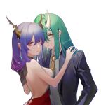  2girls alternate_costume alternate_eye_color arknights backless_dress backless_outfit bangs bare_arms bare_back bare_shoulders black_jacket blue_hair breasts ch&#039;en_(arknights) commentary_request dragon_horns dress green_hair grey_shirt hair_between_eyes horns horo_zhuzhu hoshiguma_(arknights) jacket long_hair long_sleeves looking_at_viewer medium_breasts multiple_girls necktie open_clothes open_jacket pink_eyes shirt simple_background smile upper_body white_background yellow_eyes yuri 