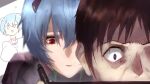  1boy 1girl absurdres ayanami_rei bangs black_bodysuit black_eyes bodysuit breasts brown_hair child_drawing commentary_request doodle drawing evangelion:_3.0_you_can_(not)_redo face hair_between_eyes highres huge_breasts ikari_shinji interface_headset neon_genesis_evangelion parted_lips plugsuit rebuild_of_evangelion red_eyes shiburingaru short_hair stylus tablet_pc 