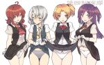  4girls ahoge arashi_(kancolle) asymmetrical_hair bangs black_legwear black_skirt black_vest blonde_hair blouse blush bow bow_panties bowtie breasts commentary_request cowboy_shot dress_shirt eyebrows_visible_through_hair flipped_hair gloves green_eyes grey_eyes grey_panties hagikaze_(kancolle) kantai_collection kerchief lifted_by_self long_hair looking_at_viewer maikaze_(kancolle) medium_breasts messy_hair multiple_girls nakadori_(movgnsk) neck_ribbon nowaki_(kancolle) one_side_up open_mouth panties pleated_skirt ponytail purple_hair red_ribbon redhead ribbon school_uniform shirt short_hair short_sleeves silver_hair simple_background skirt skirt_lift smile speech_bubble sweatdrop swept_bangs underwear vest violet_eyes white_background white_blouse white_gloves white_panties white_shirt yellow_neckwear 