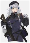  1girl artist_name assault_rifle bag bangs beret breasts eyebrows_visible_through_hair girls_frontline gloves green_eyes gun h&amp;k_hk416 hat highres hk416_(girls_frontline) holding holding_weapon knife_holster long_hair looking_at_viewer medium_breasts open_mouth rifle silver_hair solo sutekina_awa uniform weapon white_background white_gloves 