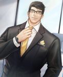  1boy black_hair black_suit formal full_service_(mazjojo) glasses highres ina_zuma looking_at_viewer male_focus necktie official_alternate_costume rald_schwarz short_hair smile solo suit upper_body watch watch 